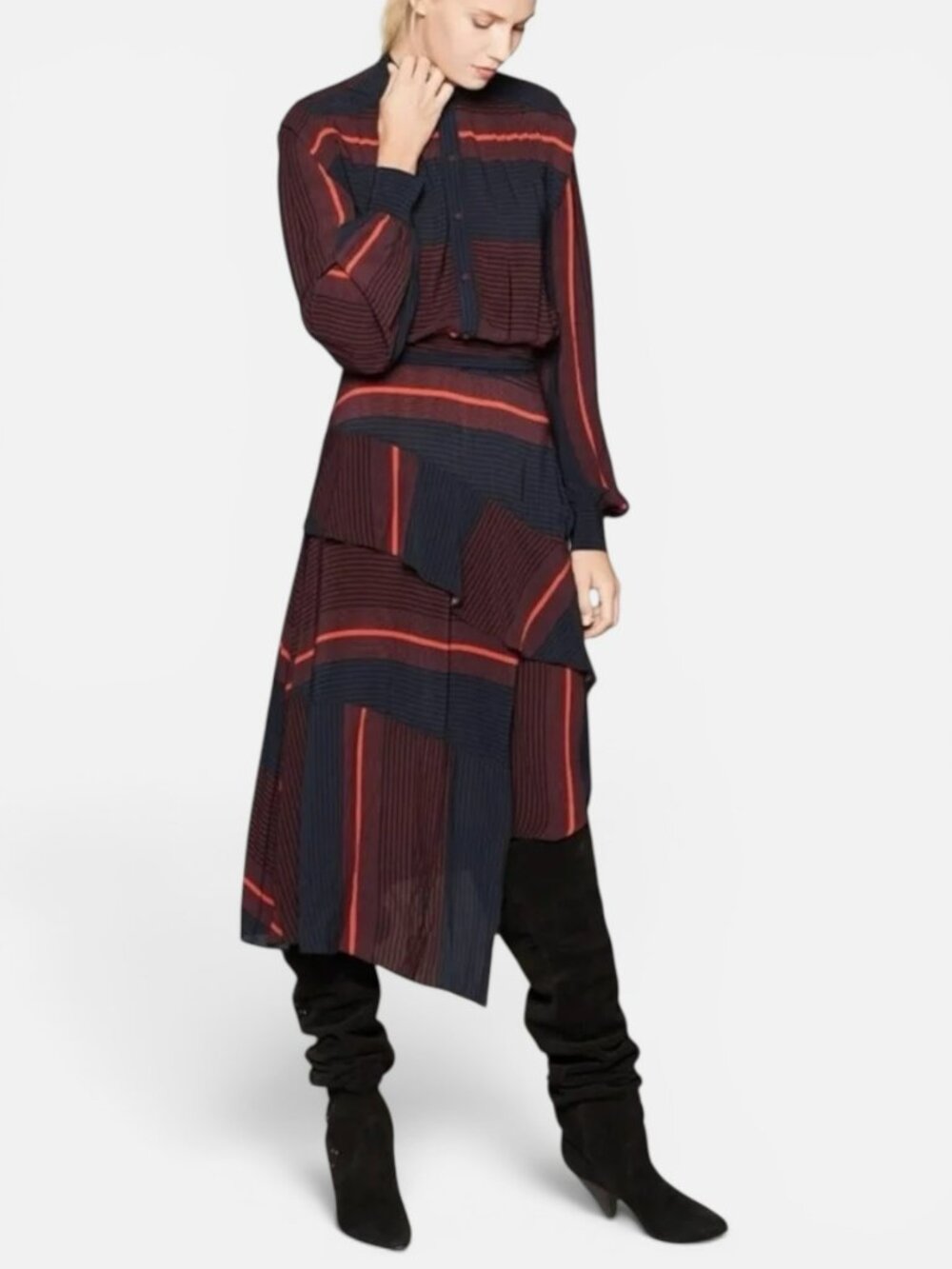 Joie Roz Stripe Midi Shirt Dress Caviar Red Navy Wrap Tie Size 4